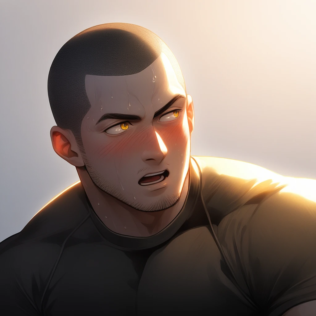 1muscular sportsman, male focus, Buzz Cut, Yellow and black tight T-shirt, Very tight, muscular male, muscular, only, Upper body, alone, look to the side, short hair, stubble, sweat, black hair, Yellow eyes, open lips, White background, simple background, amazing quality, best aesthetics, Ridiculous, crew cut, moaning, blush, chiaroscuro, cinematic lighting, best quality, textured skin