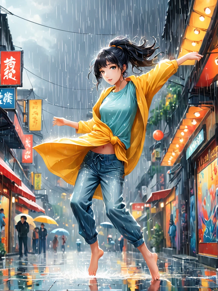 Cartoon illustration，Vector illustration，A girl full of energy，Showing off her breakdancing skills on a graffiti-covered urban dance floor，((beautiful eyes))，((Perfect and refined limbs))，She was barefoot，Loose and comfortable clothes，Perfect for dancing，Her black hair was tied into a high ponytail.，One hand rotation，Spin your feet in the air，(heavy rain:1.5)，(The scene is filled with cold rain)，The audience was impressed，She performed a complex move with ease.，The energy she captures is palpable，The air is filled with the rhythm of street music，(masterpiece，Best quality:1.2)，lifelike，Reality，梦幻般的Light芒，错综复杂的detail，Ultra Detailed，detail，High contrast，美丽细致的Light芒，Bright，更多detail，精细发Light，very fine 8K CG wallpaper，Depth of Field，Abuse of color difference，Soft colors，非常精致的Light线，眩Light，Light，Light粒子，reflection