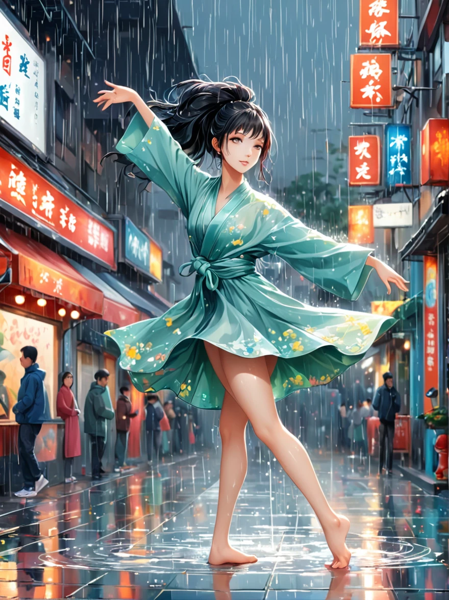 Cartoon illustration,Vector illustration,A girl full of energy,Showing off her breakdancing skills on a graffiti-covered urban dance floor,((beautiful eyes)),((Perfect and refined limbs)),She was barefoot,Loose and comfortable clothes,Perfect for dancing,Her black hair was tied into a high ponytail.,One hand rotation,Spin your feet in the air,(heavy rain:1.5),(The scene is filled with cold rain),The audience was impressed,She performed a complex move with ease.,The energy she captures is palpable,The air is filled with the rhythm of street music,(masterpiece,Best quality:1.2),lifelike,Reality,梦幻般的Light芒,错综复杂的detail,Ultra Detailed,detail,High contrast,美丽细致的Light芒,Bright,更多detail,精细发Light,very fine 8K CG wallpaper,Depth of Field,Abuse of color difference,Soft colors,非常精致的Light线,眩Light,Light,Light粒子,reflection
