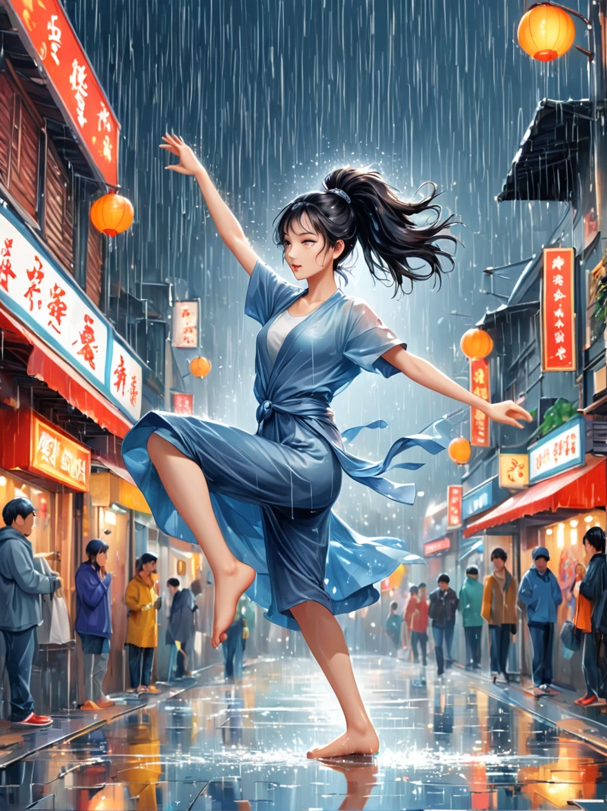 Cartoon illustration,Vector illustration,A girl full of energy,Showing off her breakdancing skills on a graffiti-covered urban dance floor,((beautiful eyes)),((Perfect and refined limbs)),She was barefoot,Loose and comfortable clothes,Perfect for dancing,Her black hair was tied into a high ponytail.,One hand rotation,Spin your feet in the air,(heavy rain:1.5),(The scene is filled with cold rain),The audience was impressed,She performed a complex move with ease.,The energy she captures is palpable,The air is filled with the rhythm of street music,(masterpiece,Best quality:1.2),lifelike,Reality,梦幻般的Light芒,错综复杂的detail,Ultra Detailed,detail,High contrast,美丽细致的Light芒,Bright,更多detail,精细发Light,very fine 8K CG wallpaper,Depth of Field,Abuse of color difference,Soft colors,非常精致的Light线,眩Light,Light,Light粒子,reflection