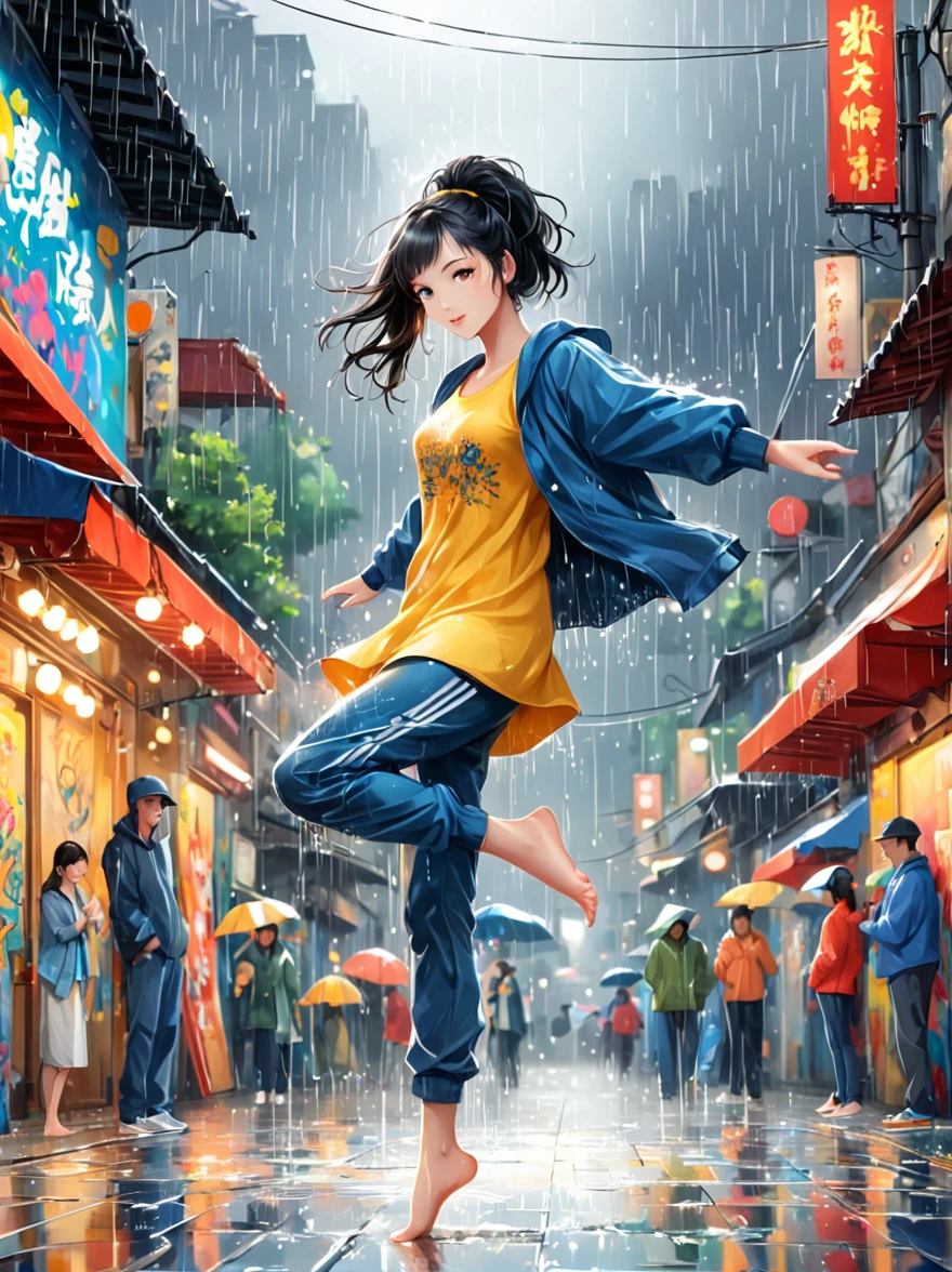 Cartoon illustration,Vector illustration,A girl full of energy,Showing off her breakdancing skills on a graffiti-covered urban dance floor,((beautiful eyes)),((Perfect and refined limbs)),She was barefoot,Loose and comfortable clothes,Perfect for dancing,Her black hair was tied into a high ponytail.,One hand rotation,Spin your feet in the air,(heavy rain:1.5),(The scene is filled with cold rain),The audience was impressed,She performed a complex move with ease.,The energy she captures is palpable,The air is filled with the rhythm of street music,(masterpiece,Best quality:1.2),lifelike,Reality,梦幻般的Light芒,错综复杂的detail,Ultra Detailed,detail,High contrast,美丽细致的Light芒,Bright,更多detail,精细发Light,very fine 8K CG wallpaper,Depth of Field,Abuse of color difference,Soft colors,非常精致的Light线,眩Light,Light,Light粒子,reflection