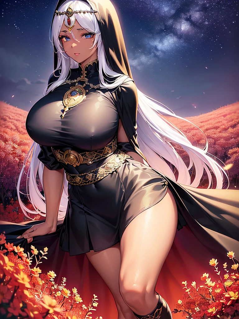 Realistic 3D anime style image of a dark-skinned woman wearing a long black hooded cloak ((covering her head up to her forehead)), ((cape and hood decorated with fine intricate details)), beautiful face, perfect beauty , detailed, symmetrical, two long strands of white hair on each side of the face, ((her blue eyes reflect the light of the stars)),(( beautiful eyes extremely detailed)), (beautiful lips)( well detailed full lips), perfect body, voluptuous body ,(((large breasts))),(a round silver medallion (with fine intricate details) tied to a silver chain hanging on her chest),(((narrow waist))),(((wide hips))) , (((thick thighs))),(long-sleeved black (neckless) blouse), (qipao collar decorated with fine intricate details), (black gloves with cuffs) (decorated with fine intricate details), (short black skirt with a sash, (in the sash she wears a leather belt from which a silver dagger hangs), long black stockings covering her legs to the middle of her thighs, (black ankle boots with flaps up to the knee), ((decorated with fine intricate details)). walking through a forest of wisteria trees, near a beautiful lake with crystal clear waters on a sunny day ((ground covered in beautiful red flowers)), high quality image,extremely detailed, masterpiece, 8k resolution,