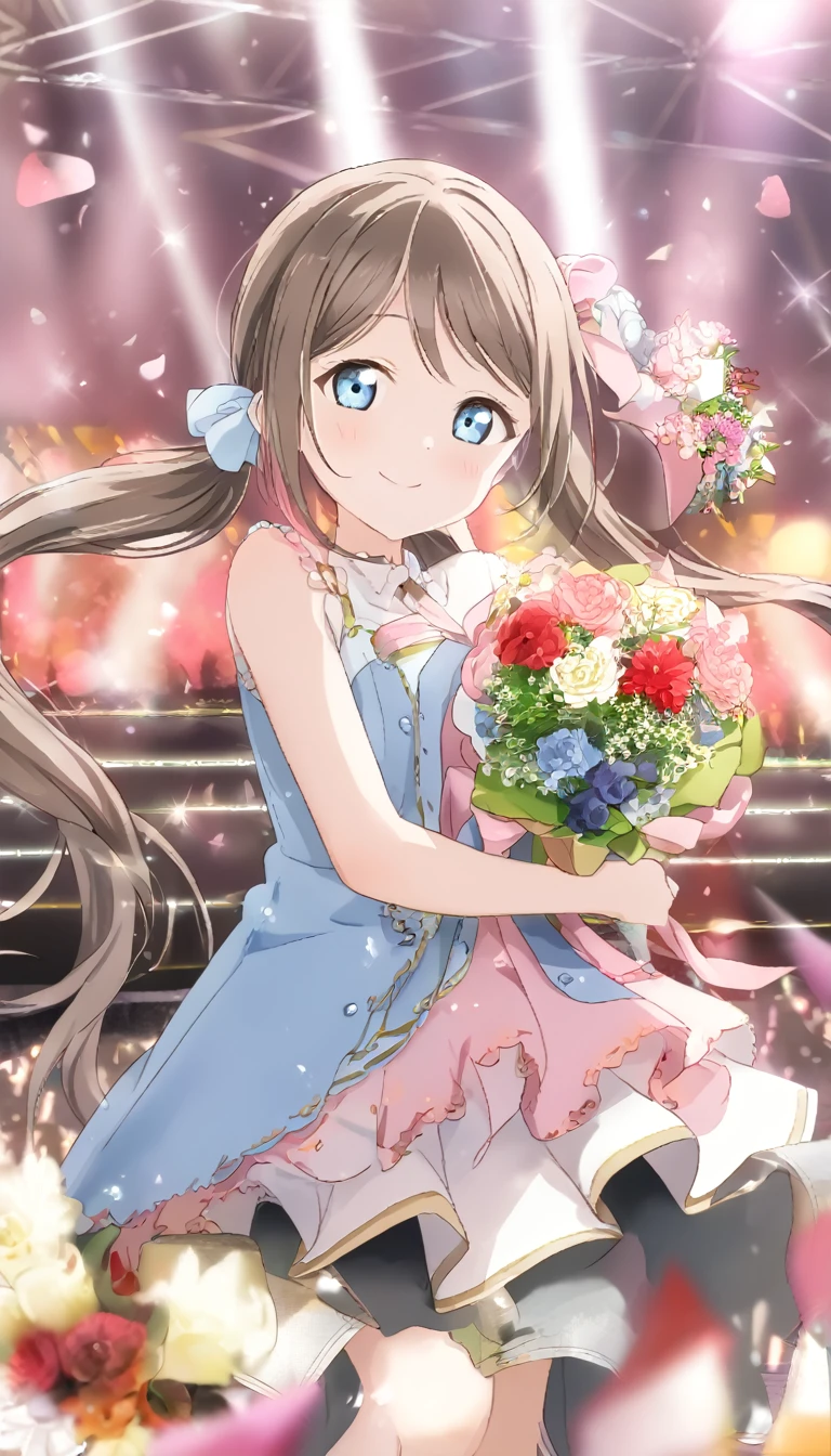 Sakurazaka Shizuku　Dark brown hair　Long Hair　Long twin tails　Light blue eyes　Pink dress　smile　Live Stage　one man live　Hair Ribbon　１People in the photo　bouquet