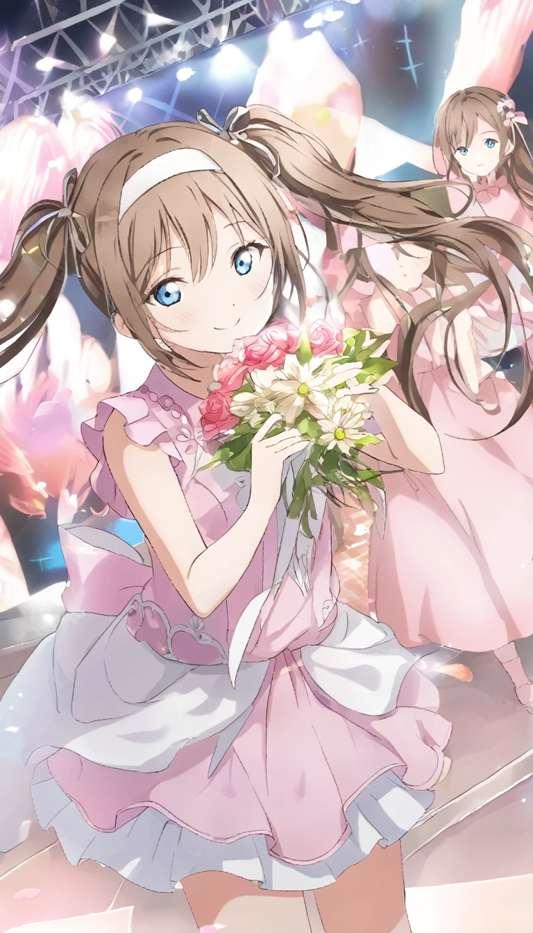 Sakurazaka Shizuku　Dark brown hair　Long Hair　Long twin tails　Light blue eyes　Pink dress　smile　Live Stage　one man live　Hair Ribbon　１People in the photo　bouquet