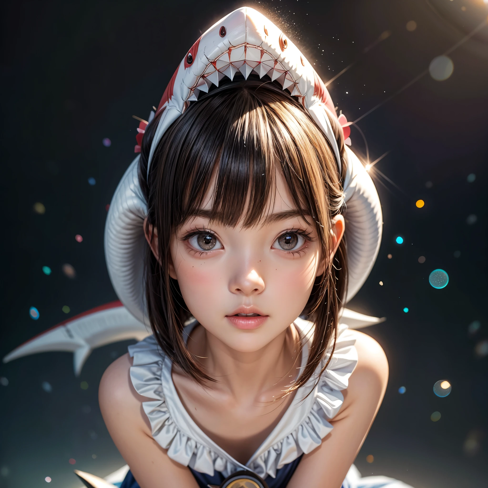 ((stuffed Shark head cap)), 8k, High-level, absurd, masterpiece, best quality, primitive, very detailed CG, very detailed wallpaper, perfect lighting, Extremely detailed ((( personifying " Sark Girl " as a Little Girl))), MysticSight, Tyndall effect, Tyndall scattering, (Studio gray background with (Overflowing oodles Dazzling RainbowColorParticles (BokeH))), (RoundlyButts, ThighGap), (Exposed:0.4), (Assfocus with looking ahead) BREAK (Acutance:0.88), (NOGIZAKA face variations) Extremely Detailed very KAWAII face variations, perfect anatomy, Childish, CaptivatingGaze ElaboratePupils detailed Eyes with (sparkling highlights:1.28), (Voluminous LongEyelashes:0.88)、GlossyRED Lips with beautiful details, RosyCheeks, Radiant PearlSkin with Transparency . { (Dynamic LifeLike expressions:1.4) | (:d) }, (large eyes:-1) .