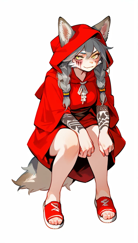 score_9, score_8_up, (clear simple background, white background, papyrus background), ((adult))
(girl:1.2), _young, lagre_breasts , smug face, Serious face expression, whore_makeup, tribal makeup, solo, (Red Riding Hood, female), (wearing wolf hide, grey colored wolf head, wolf head cap:1.35), (fullbody, tattoos, curvey bode, cute face, focus), beautiful,