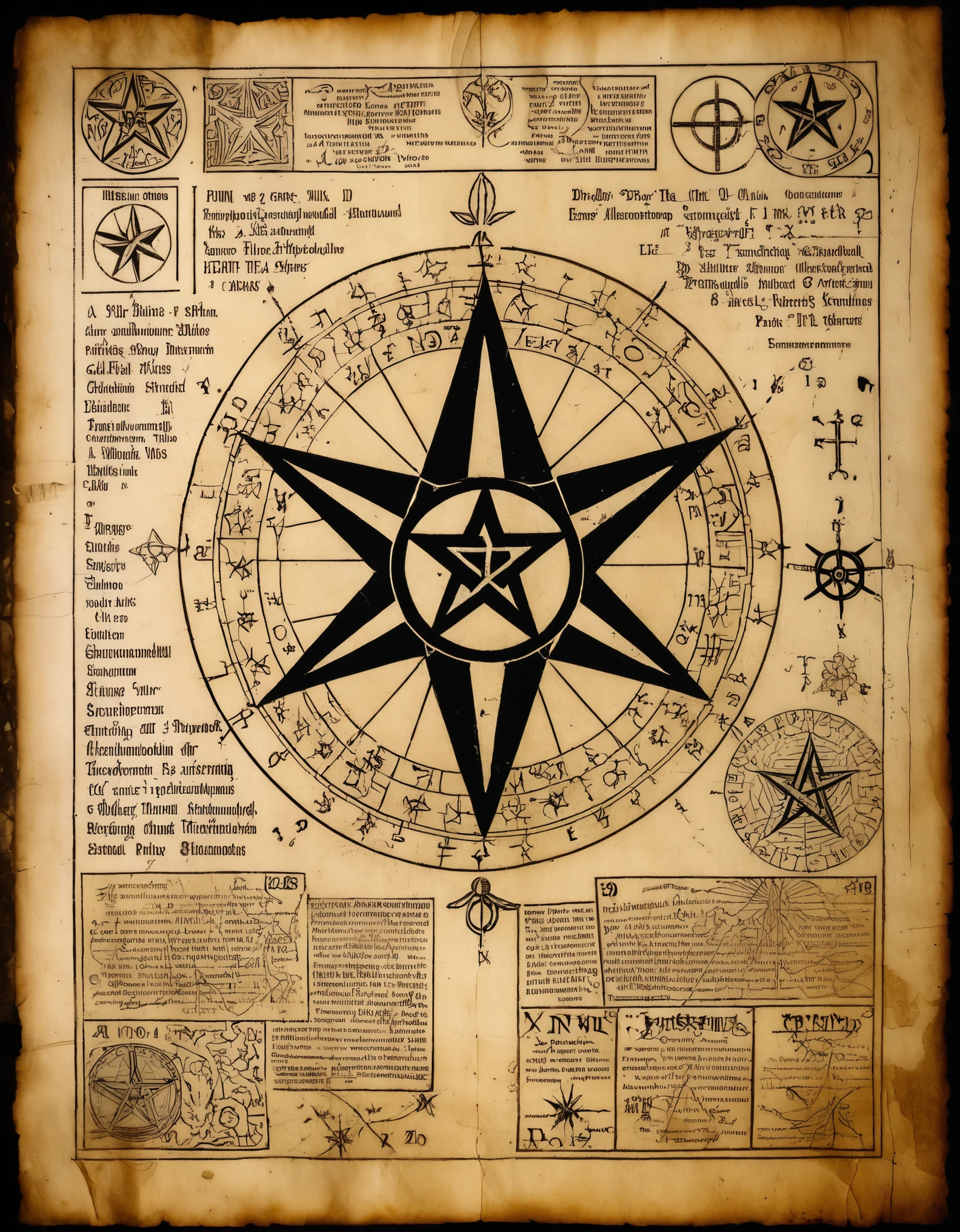 old parchment with engraving, woodcut, pentagrams, technical markings and medical description with charts, text with strange characters, mystical a photo from the 1920s sepia . Textured, distressed, vintage, edgy, punk vibe, dirty, noisy
