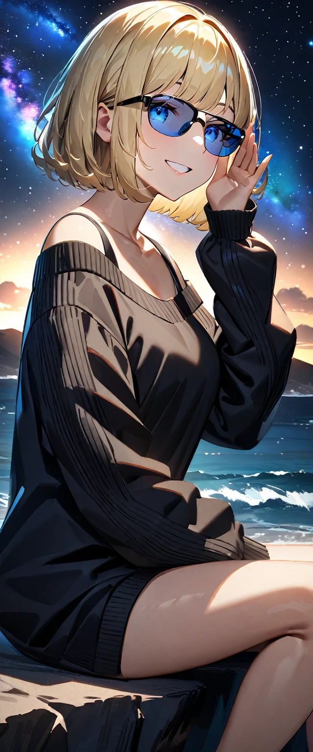(((a beautiful starry sky, the Milky Way shining beautifully in the night))), ((bare legs)), (((sunglasses, hand to sunglasses))), (Aran sweater), ((((from side)))), upper body, ((sitting on the very high cliff)), wavy hair, inward curled hair, sea, beach, ((blond hair, bob cut:1.3)), breasts, teenager, (looking at viewer), oversized clothes, puffy long sleeves, ((off-shoulder sweater:1.3, Quite thick shoulder straps)), ((black sweater)), collarbone, head tilt:1.3, (((blue eyes))), happy smile, (((anime style))), (best quality, 4K, 8K, highres, masterpiece:1.2, ultra-detailed, ultra-detailed eyes, HDR, uhd, studio lighting, ultra-fine painting, sharp focus, physically-based rendering, extreme detail description, professional, vivid colors, bokeh)