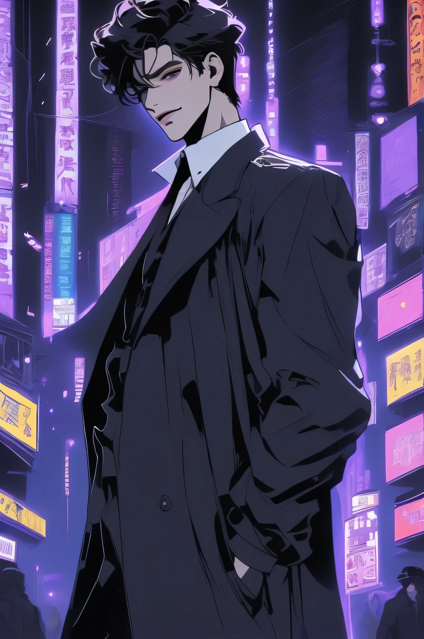 anime man in the night city, attractive man with сиреневые глаза while squinting, adult man, black hair, black loose shirt, (((no decorations on clothes))), beautiful detailed eyes, lilac eyes eyes, squinting, shoulder-length curly hair, (Best quality,4K,8 k,A high resolution,masterpiece:1.2), ultra detailed, bright colors, dark lighting, Cinematic, A sly smile on his face, long hair, full length