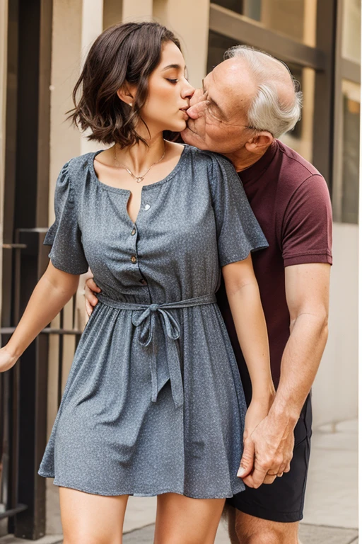 Old man kiss 26 years girl short dress