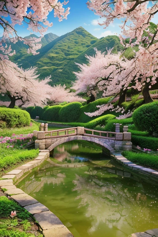 a beautiful detailed ancient peach blossom garden in China,intricate floral patterns,lush greenery,soft natural lighting,serene atmosphere,(best quality,4k,8k,highres,masterpiece:1.2),ultra-detailed,(realistic,photorealistic,photo-realistic:1.37),landscape,vibrant colors,dramatic lighting,stunning scenery