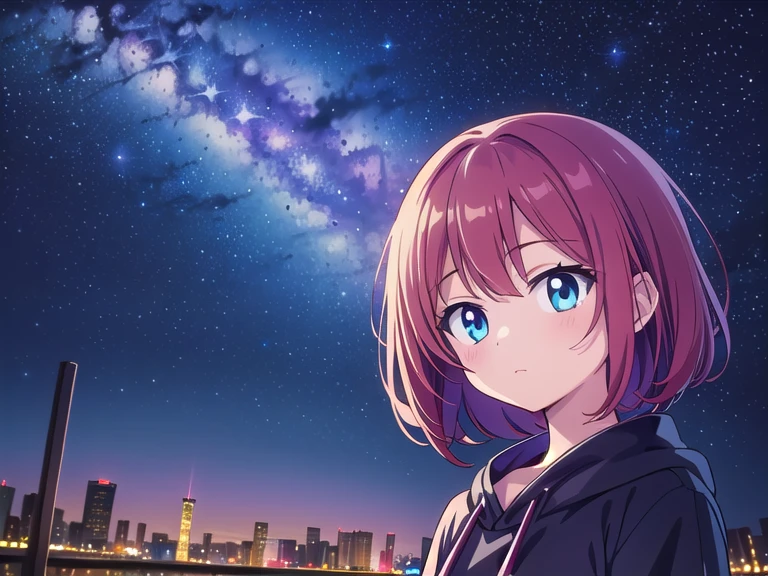((Highest quality)), ((masterpiece)), (detailed), Perfect Face, Perfect Arms, anime, Ultra-fine illustration, ((1 person)), girl, cute, (Tanabata), (milky way), (City), ((night)), hoshizora, starry sky,