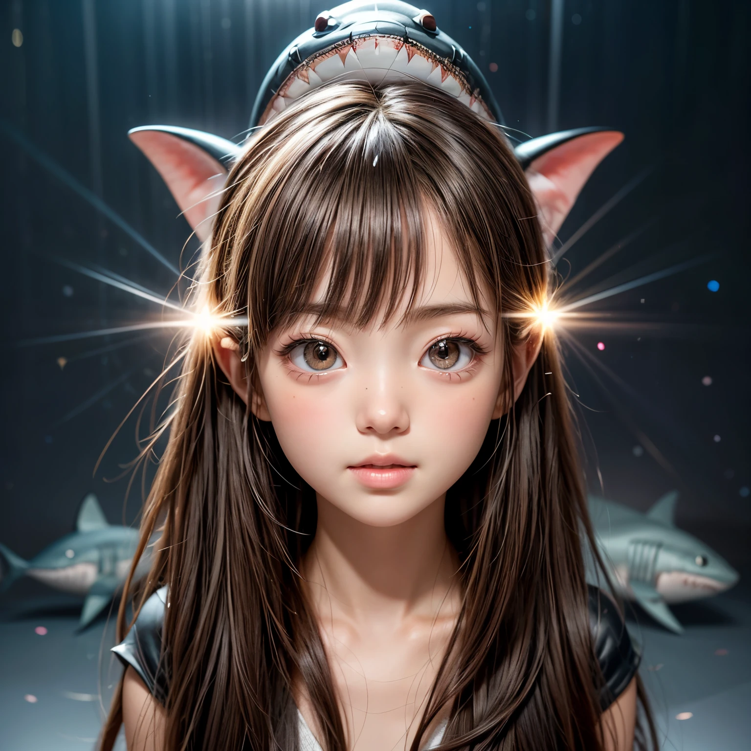 ((( stuffed full body Shark on Head))), 8k, High-level, absurd, masterpiece, best quality, primitive, very detailed CG, very detailed wallpaper, perfect lighting, Extremely detailed ((( personifying " Shark " as a ))), MysticSight, Tyndall effect, Tyndall scattering, (Studio gray background with (Overflowing oodles Dazzling RainbowColorParticles (BokeH))), (RoundlyButts, ThighGap), (Exposed:0.4), (Assfocus with looking ahead) BREAK (Acutance:0.88), (NOGIZAKA face variations) Extremely Detailed very KAWAII face variations, perfect anatomy, Childish, CaptivatingGaze ElaboratePupils detailed Eyes with (sparkling highlights:1.28), (Voluminous LongEyelashes:0.88)、GlossyRED Lips with beautiful details, RosyCheeks, Radiant PearlSkin with Transparency . { (Dynamic LifeLike expressions:1.4) | (:d) }, (large eyes:-1) .