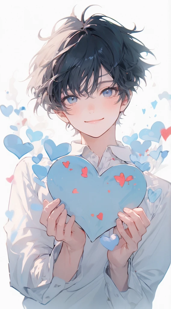 high quality, Draw Amount, Pixiv illustration, Beautiful youth, Flying Heart, smile, appreciate, smile, has a light blue heart,Silver long hair,Fox ears