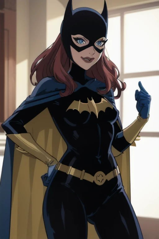 BarbaraG, 1girl, solo, long blue cape, blue mask, belt, gloves, blue eyes, superhero, long hair, bodysuit, lipstick, batgirl, room, smile, cape under her arms