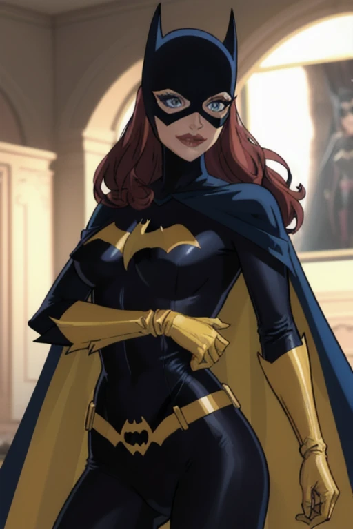 BarbaraG, 1girl, solo, long blue cape, blue mask, belt, gloves, blue eyes, superhero, long hair, bodysuit, lipstick, batgirl, room, smile, cape under her arms