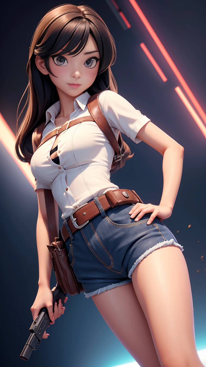 sexy, 灰色の目とsexyなポーズのスリムな女性, Dress in super hot shorts,Put a gun belt on your waist