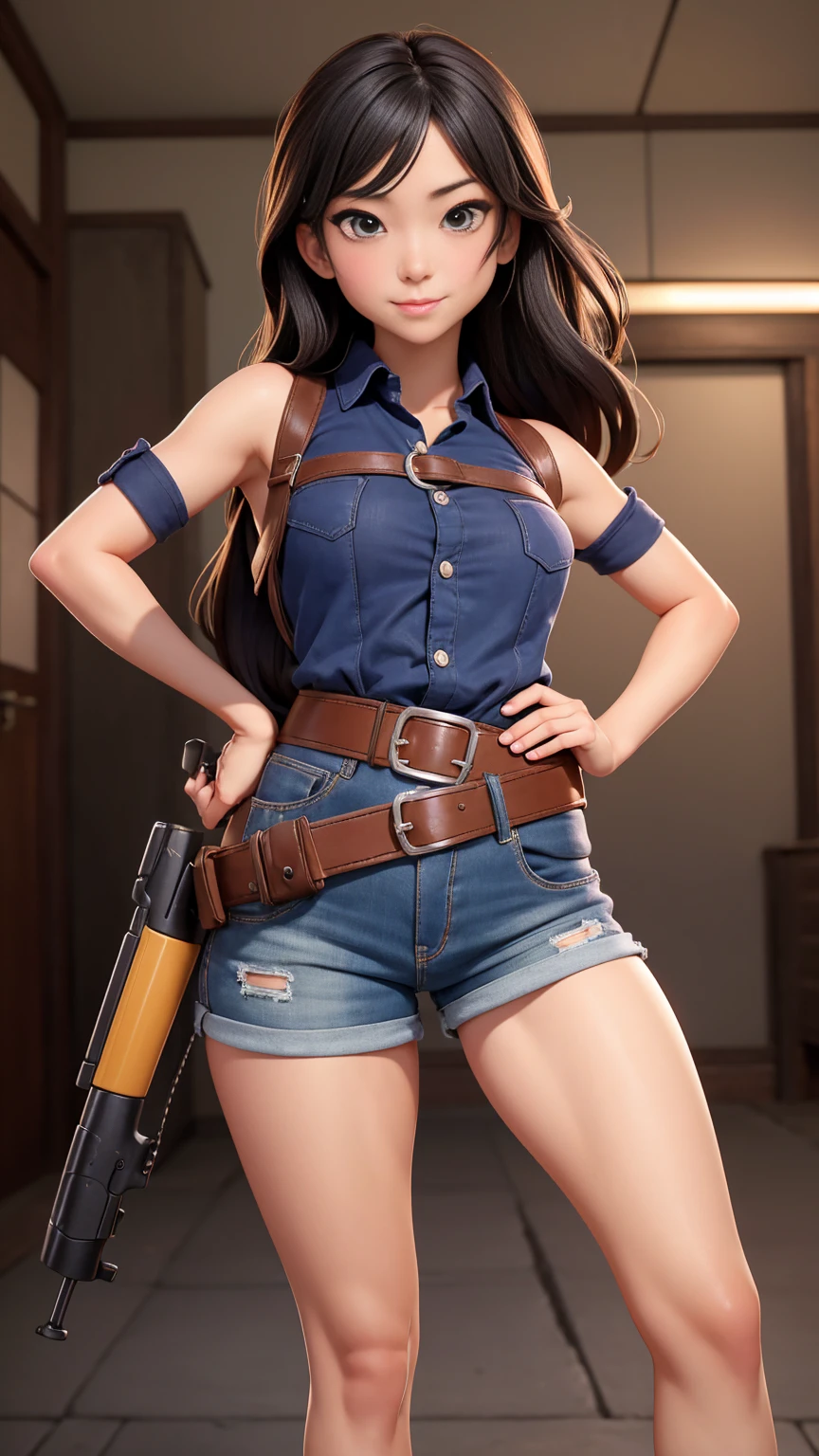sexy, 灰色の目とsexyなポーズのスリムな女性, Dress in super hot shorts,Put a gun belt on your waist