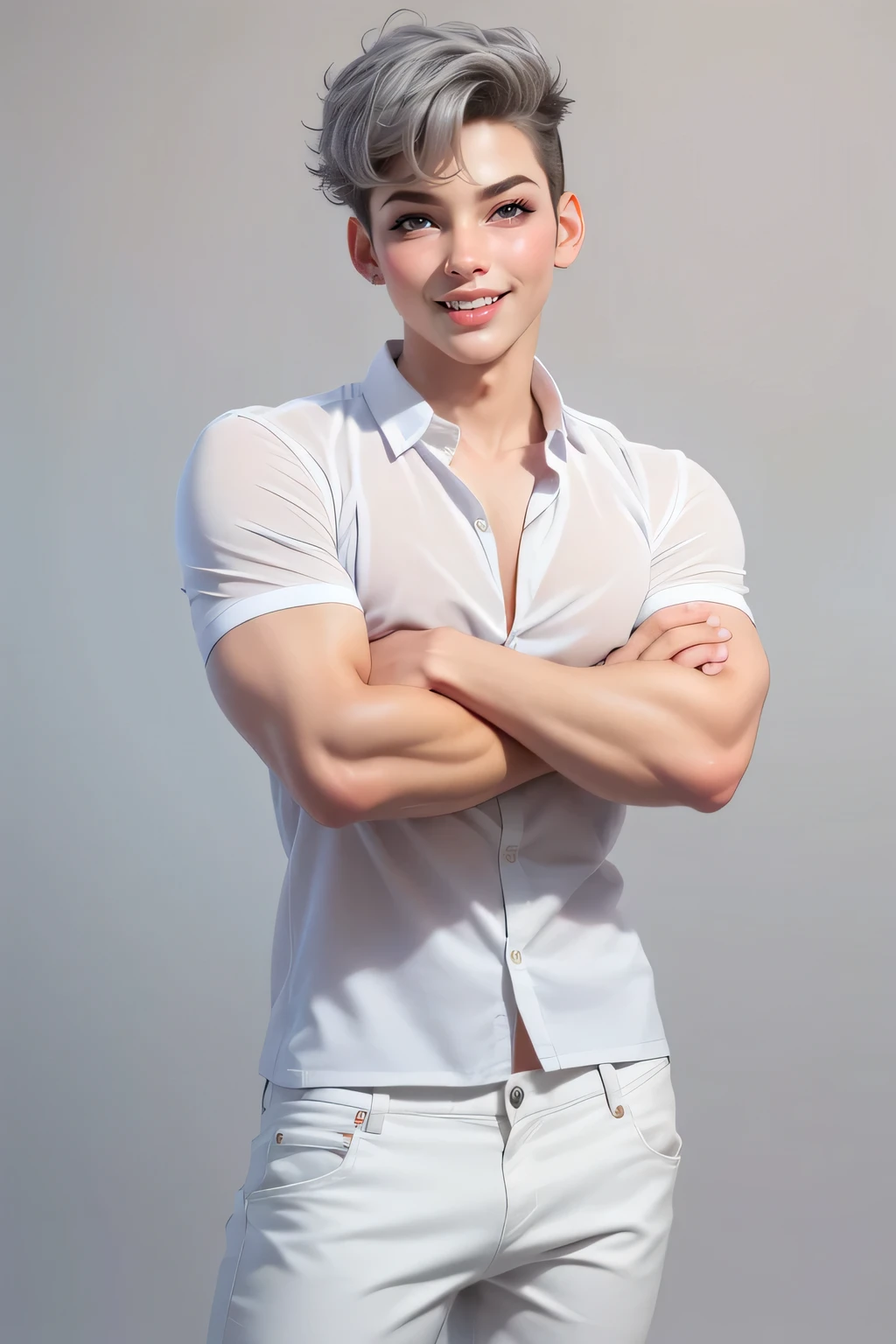 1  man (25yo) , , sexy pose, naugthy face, , random hairstyle, , seductive smile, wear white short pants, gray background