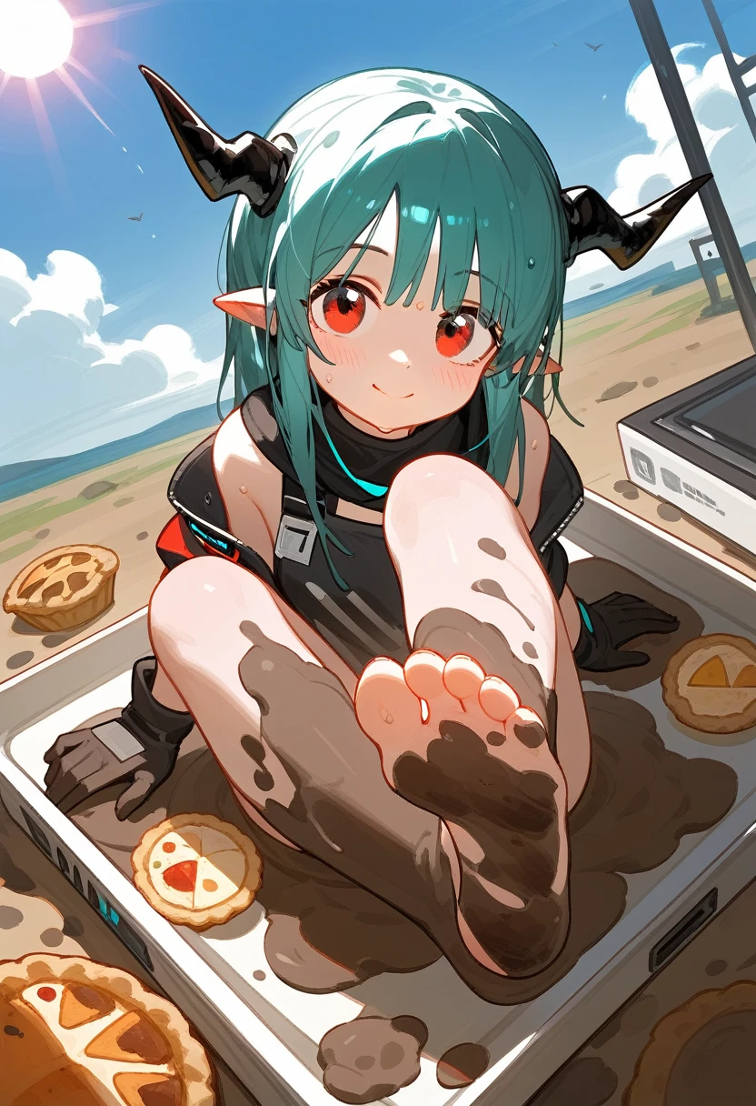 score_9,score_8_above,score_7_above,1 girl,mud rock (arknights),dirty,pies,gloves,hull,horns,sunes,Red eyes,barefoot,pointy ears,old,suno,wide,by white,black gloves,toes,hull de seguridad,Foot focus,looking at the viewer,session,sweat,Chapped lips,dirty pies,tenure,outdoor,sky,hits,oripathy lesion (BULMA),day,SMILE,blush, naked,infection monitor (arknights),foreshortening,sun,tits,