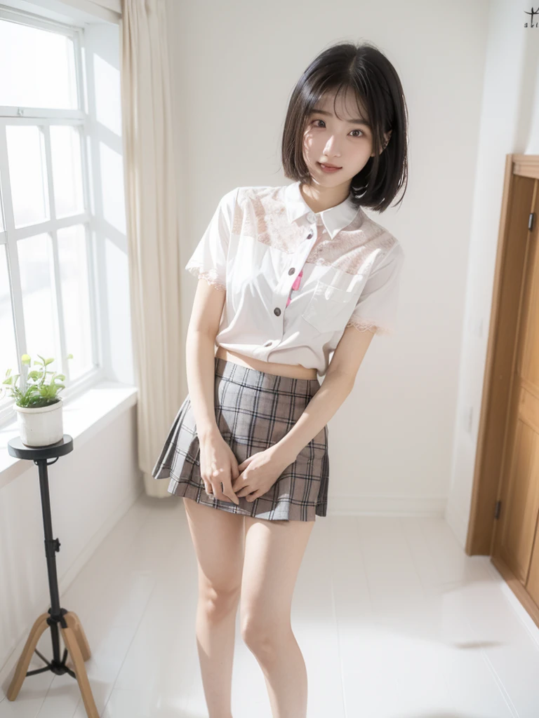 (Highest quality:1.9)、(High resolution)、Live-action image quality、((19 year old female university student、1 person))、Soft lighting by a professional photographer、Natural light、((Very spacious white luxurious room:1.6))、((Bright white room:1.6))、(Standing in front of a very luxurious white bed:1.2)、(White bookshelf background:1.1)、Natural soft light、((Black Hair Color:1.1))、Fair skin、Detailed Eyes、double eyelid、Slightly puffy cheeks、((Small Face:1.0))、((Pink lace short sleeve shirt、Checked mini skirt、Please wear it with the chest open.:1.7))、(smile)、((Girly pose 1.8))、((short hair:1.1))、((Full Body Shot:1.2))、((Height: 145cm))、Hands in front、Hold hands between legs、bangs、