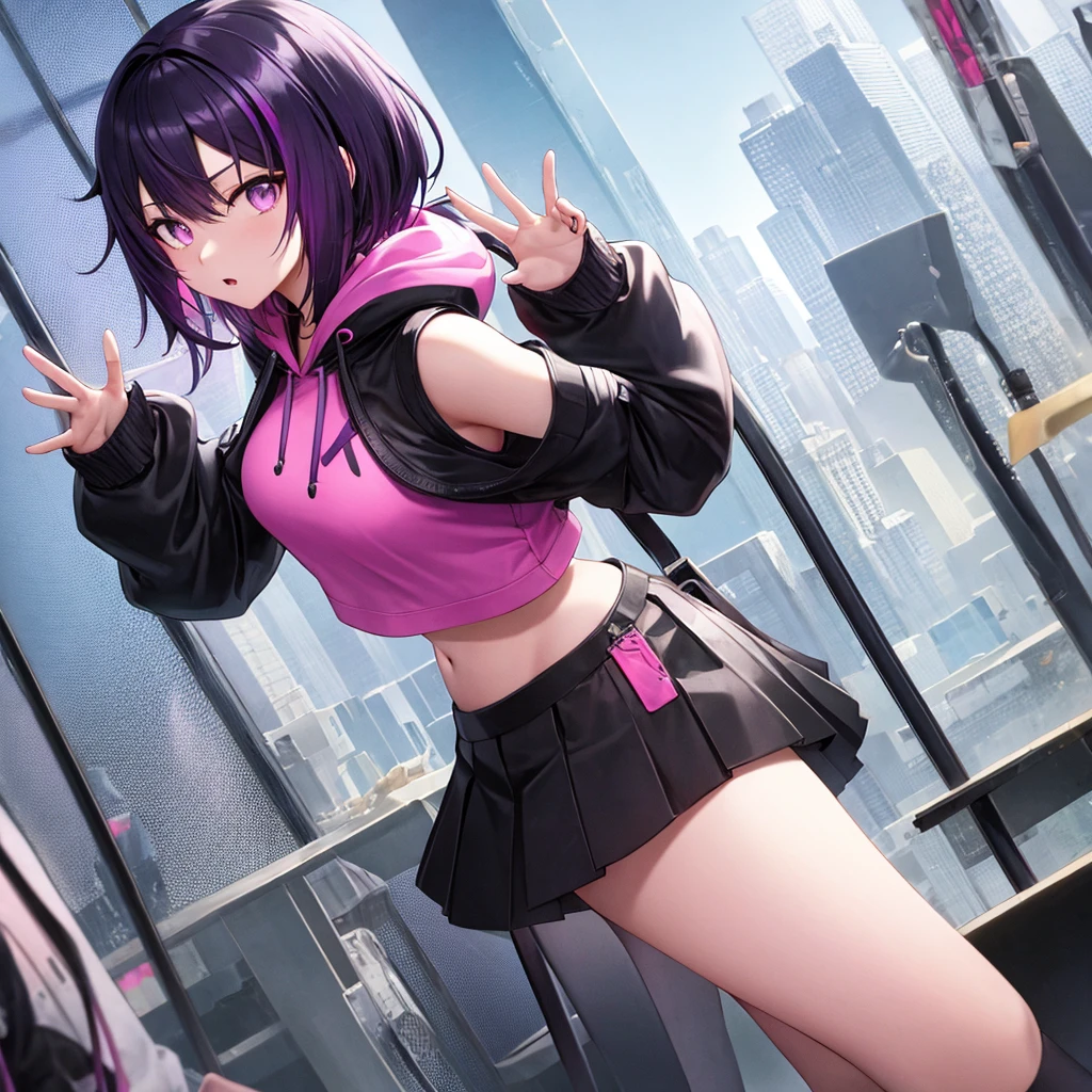 Highest quality cyberpunk city in the background with an anime girl with black or purple hair and pinkish purple eyes wearing a black skirt and a black hoodie with bright pink accents or a bright pink crop top.