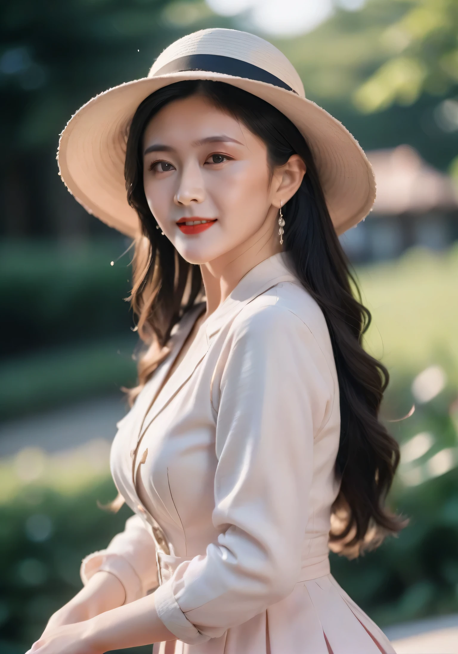 high definition photo,outdoors,silver earrings,blush,gzl,20yo,gzl,applying makeup,19th century style clothing,suit,wide-brimmed hat,play aunt  in the movie huang feihong,basle skirt,light_smile,