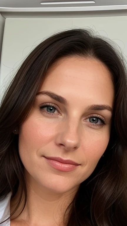 a passport photo of a beautiful american lady, at her late 30s, face must be close to a real person