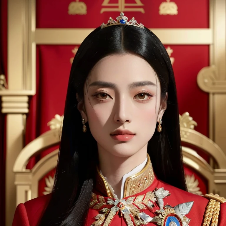 Araffe, in a red, black, blue and gold uniform, poses for a photo., royal an emperor, Order of Akira, Biopic, Insulting like Napoleon, beautiful androgynous prince, proud an emperor, Godfather Khan, Inspired by Yasutomo Oka, Insulting by impersonating Napoleon, portrait of the empire, french an emperor, royal portrait, Emir, an emperor, Rafael Pernaz