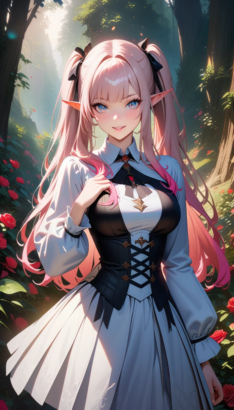 masterpiece, Highest quality, Very detailed, High resolution, An expensive solution, High resolution, masterpiece, Realistic, depth, Fine texture, Super quality, Total concentration, (very pretty anime Elf GirlAngled), (Beautiful Gothic Elf Woman, Young Elves, Elf Girl, pretty girl, Young girl,Angled), Grin, smile, (A chic white top with beautiful details, ribbon, medium pleated skirt, Fluffy long sleeves, White Cape), Emerald Eyes, Long eyelashes, eyeliner, Huge thighs, Wide Hips, Tight waist, ( Light pink hair, (Light Hair, Twin tails, Long Hair), bangs, Gradient Hair), Shiny Hair, (In the middle of a rose field, Posing in a rose field), Forest as a background, Fantasy art, 8k high quality detailed art, Realism meets colorful fantasy, Gothic art style, Fantasy art style, a beautiful fantasy Young Elves, CGI anime Fantasy artwork, Charm, Seductive posture, Vibrant colors, 自信に満ちたsmile, gentle smile, Beautiful attention to detail, Beautiful lip detail, Very detailed目と顔, Long eyelashes, Vibrant colors, Professional, Super detailed, Intricate details, Volumetric lighting, Lens flare, particle,(White and platinum color scheme), mysterious, mysteriousな