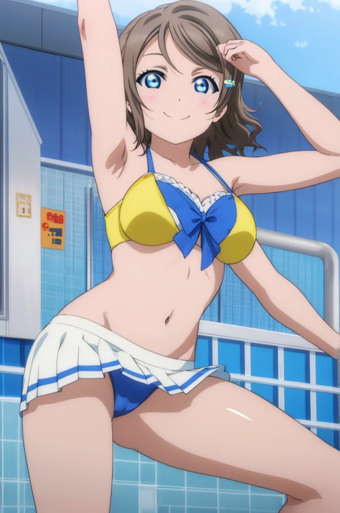 (((pixel-perfect, detail-perfect))), solo, 1girl, you watanabe, eyes azzur, smile, bikini, pool, armpit, big filesize, ultra High Qality