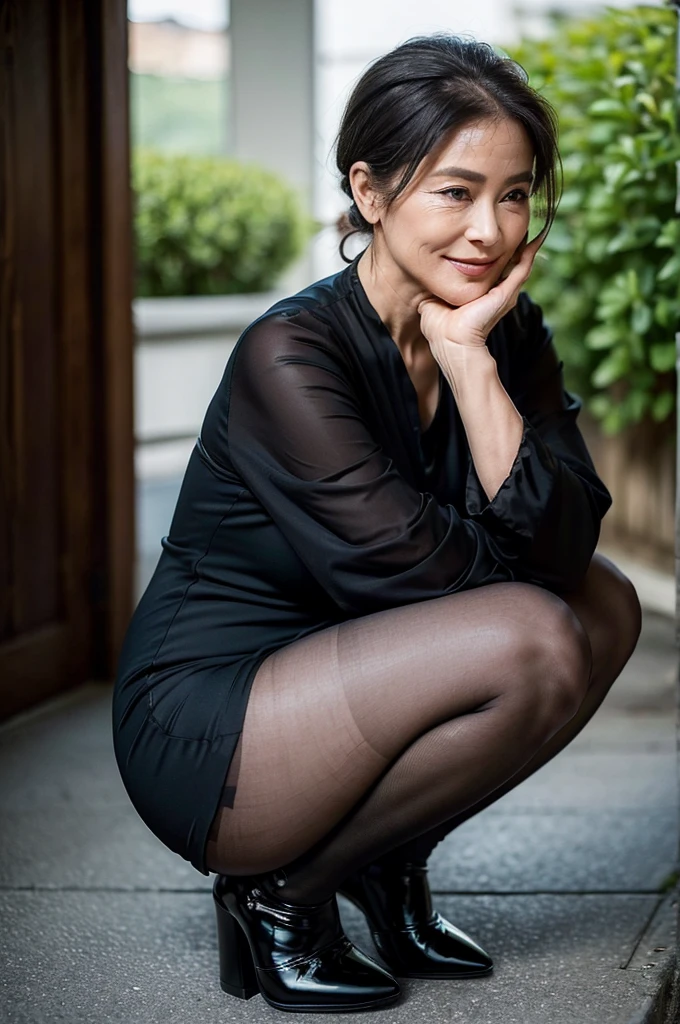 (masterpiece:1.4),(Beautiful 67 year old woman:1.5),(Facial wrinkles : 1.2), (facing away : 1.1), smile, (hair tied up : 1.1), (short-sleeve long black mourning dress), (black nylon tights : 1.2), (black high-heel), Motherhood Mature Woman, plump arms, plump thighs, (focus on thighs : 1), squatting , on knees, entrance, japanese house
