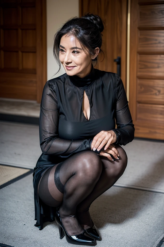 (masterpiece:1.4),(Beautiful 60 year old woman:1.5),(Facial wrinkles : 1.2), (facing away : 1.1), smile, (hair tied up : 1.1), (long black mourning dress), (black nylon tights : 1.2), (black high-heel), Motherhood Mature Woman, plump arms, plump thighs, (focus on thighs : 1), squatting , on knees, entrance, japanese house