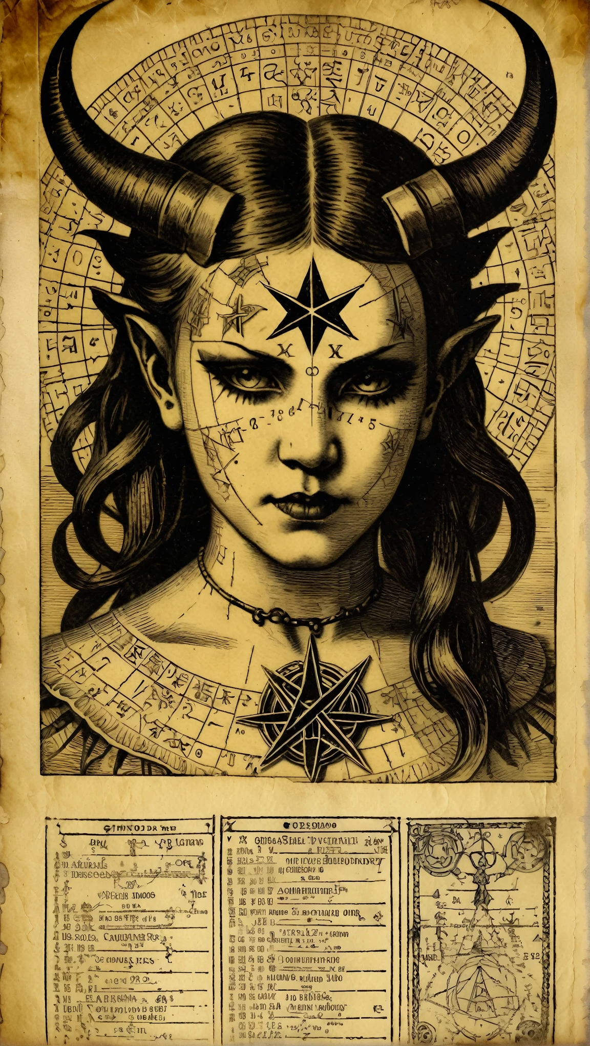 old parchment with engraving, woodcut, depicting a head demon girl, pentagrams, technical markings and medical description with charts, text with strange characters, mystical a photo from the 1920s sepia . Textured, distressed, vintage, edgy, punk vibe, dirty, noisy