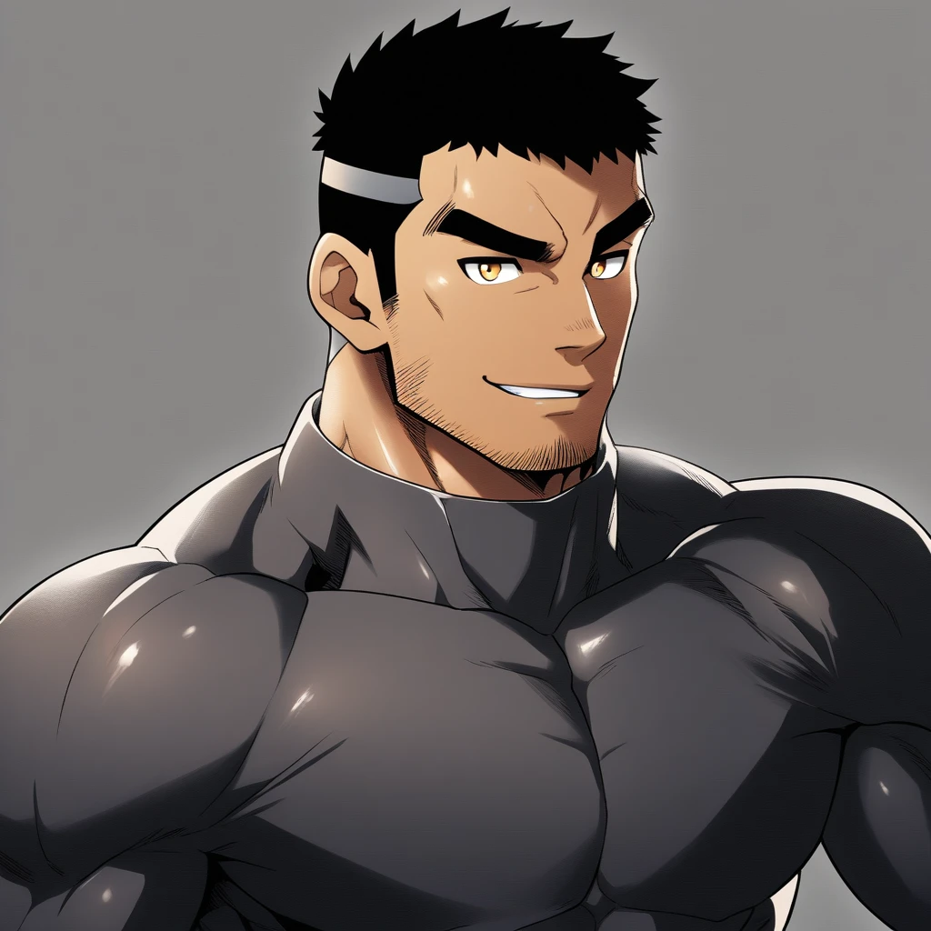 anime characters:Gyee, Muscle Sports Student, negro black skin, 1 dark skin muscular tough guy, Manliness, male focus, Dark grey high collar long sleeve wetsuit, Matte texture, Very tight, Round, full and perky chest muscles, Slightly transparent, muscular male, muscular, only, Upper body, alone, Black short hair, Thick eyebrows, stubble, Yellow eyes, Grey background, simple background, amazing quality, best aesthetics, Ridiculous, bright pupils, crew cut, parted lips, seductive smile, torogao, naughty face, best quality