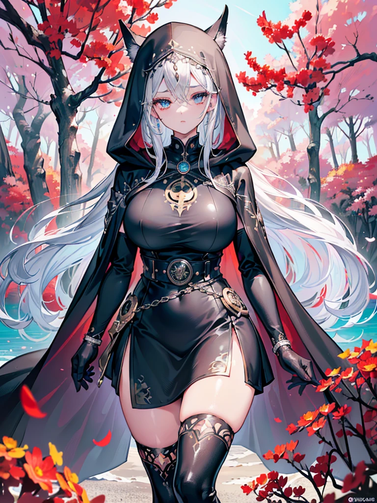 Realistic 3D anime style image of a dark-skinned woman wearing a long black hooded cloak ((covering her head up to her forehead)), ((cape and hood decorated with fine intricate details)), beautiful face, perfect beauty , detailed, symmetrical, two long strands of white hair on each side of the face, ((her blue eyes reflect the light of the stars)),(( beautiful eyes extremely  detailed)), (beautiful lips)( well detailed full lips), perfect body, voluptuous body ,(((large breasts))),(a round silver medallion (with fine intricate details) tied to a silver chain hanging on her chest),(((narrow waist))),(((wide hips))) , (((thick thighs))),(long-sleeved black (neckless) blouse), (qipao collar decorated with fine intricate details), (black gloves with cuffs) (decorated with fine intricate details), (short black skirt with a sash, (in the sash she wears a leather belt from which a silver dagger hangs), long black stockings covering her legs to the middle of her thighs, (black ankle boots with flaps up to the knee), ((decorated with fine intricate details)). walking through a forest of wisteria trees, near a beautiful lake with crystal clear waters on a sunny day ((ground covered in beautiful red flowers)), high quality image,extremely detailed, masterpiece, 8k resolution,
