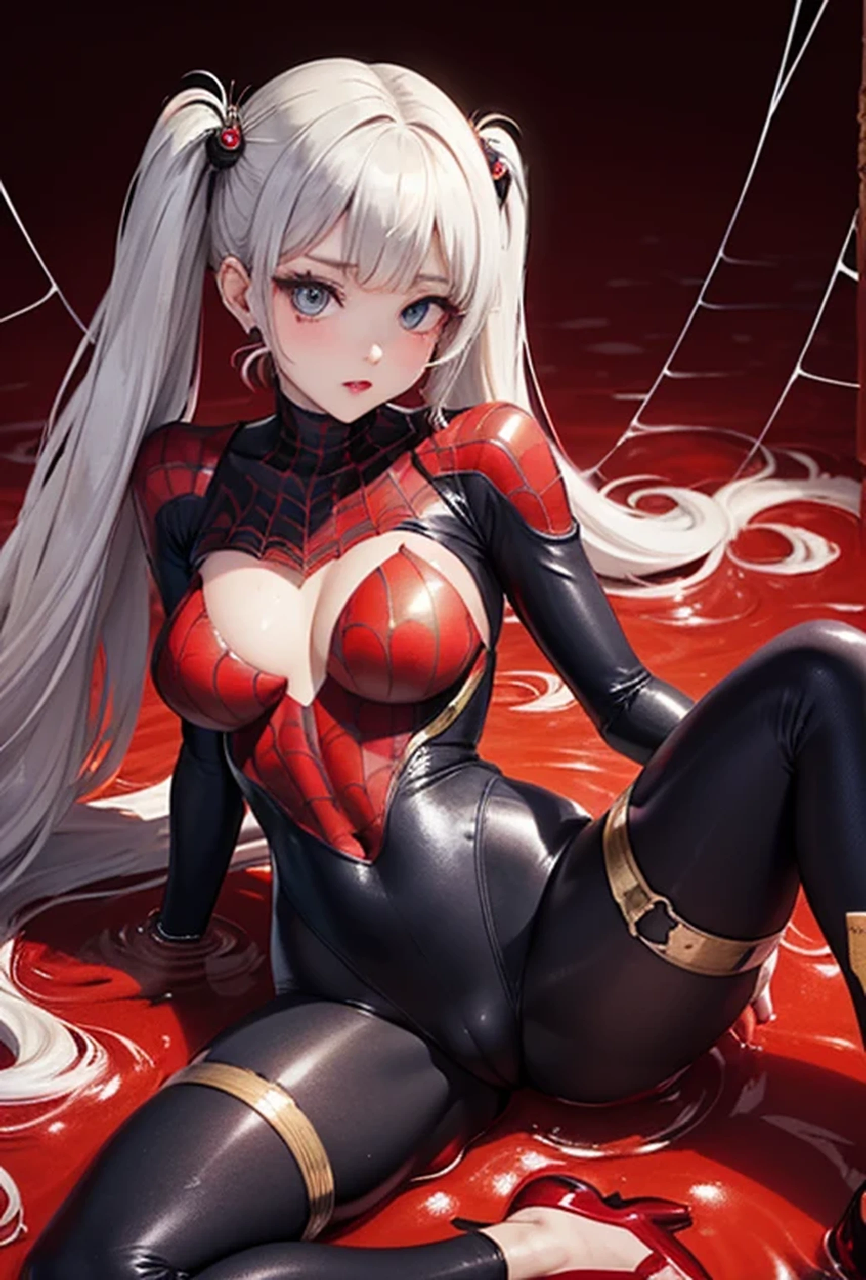 (Super detailed、Ultra-high resolution、8K masterpiece、Vibrant colors)、((Flat Color))、((Floating red water))、Dark Background、
cyber punk、Spider Girl、(Black spider tight suit with high leg leotard)、(Soryu Asuka Langley)、
(Big Breasts)、(胸にArachneのタトゥー、Arachne:1.2)、 (Prone、Random Sexy Poses)、spiderweb、 (midium Hair:1.2,Blunt bangs、Twin tails、Vermilion, gold and silver hair、hair ornaments、Beautiful blue eyes、Brown Skin、Red lipstick)、TWICE's Tzuyu' on pause、Beautiful blue eyes、Stoic、(sense of exaltation:1.4)、Plump nipples、Beautiful hip line、(cameltoe)