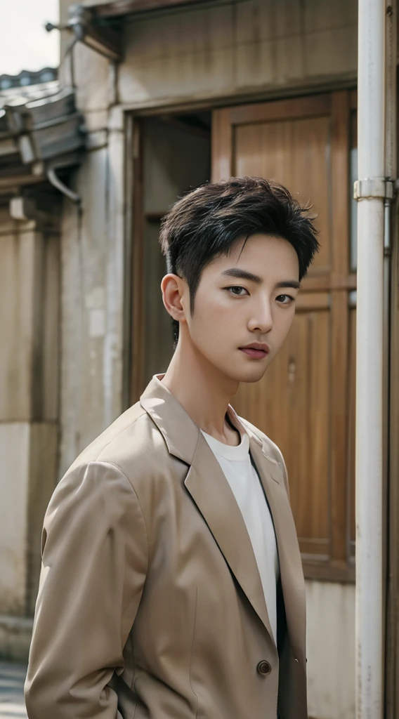 Realistic photography of a korean guy , 29 ages , wearing a suit, tan skin, at olds building