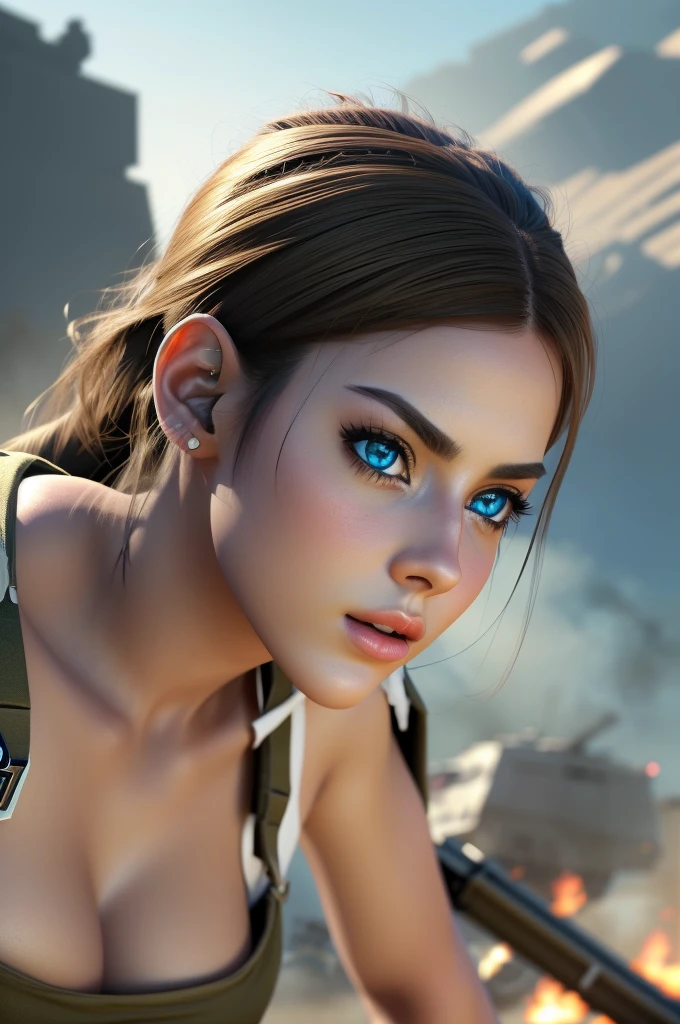 a busty female general with detailed facial features, beautiful detailed eyes, beautiful detailed lips, extremely detailed face, long eyelashes, wearing a white t-shirt and white shorts, leading a military assault on the battlefield, intense battle scene, military vehicle, explosions, detailed military equipment, cinematic lighting, dramatic shadows, vibrant colors, cinematic composition, highly detailed, masterpiece, hyper realistic, 8k, photorealistic