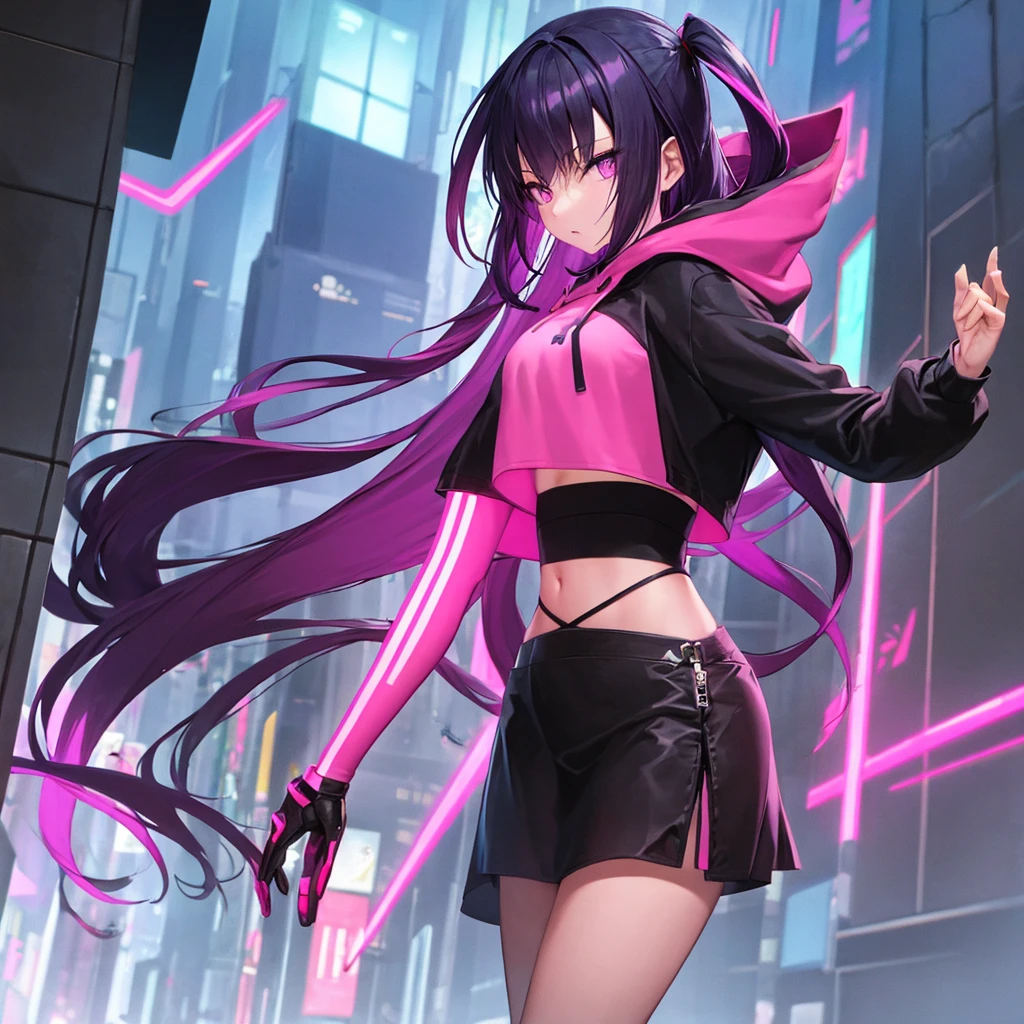 Highest quality cyberpunk city in the background with an anime girl with black or purple hair and pinkish purple eyes wearing a black skirt and a black hoodie with bright pink accents or a bright pink crop top.