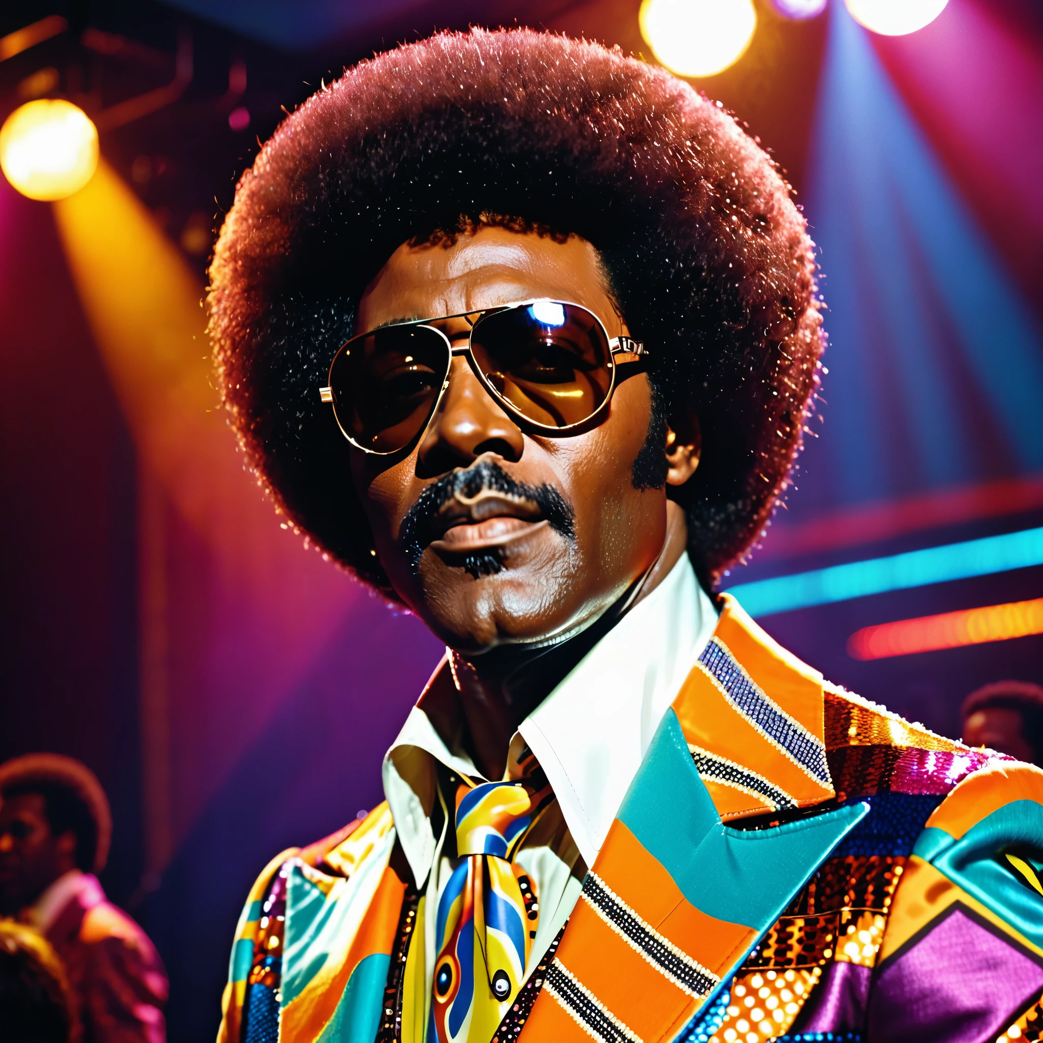 A closeup photo of Luther Diamond, a fictional 1970s R&B superstar. Luther has a stylish afro hairstyle, large aviator sunglasses, and a confident expression. He is dressed in a flashy, colorful suit with wide lapels and a bold pattern, embodying the vibrant fashion of the 1970s. The background features a stage with vibrant lighting, capturing the energetic atmosphere of a live performance. This image showcases Luther as a charismatic and legendary performer from the era.