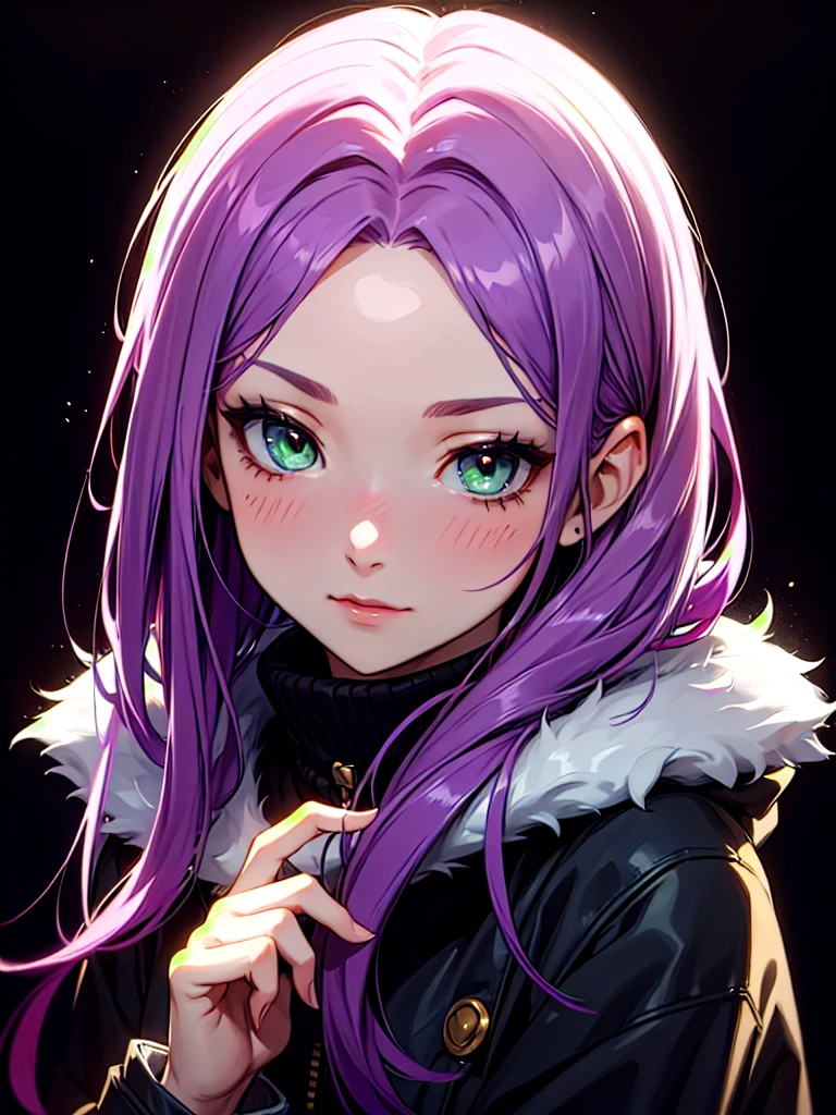 ((Portrait)), She has an Graceful, Purple-Haired Appearance, with Childlike Charm, Pale Skin, and a Very Small Build. She Expresses a Warm and Blushing Look, Giving Off an Introverted Attitude. She has Light Green Eyes, and Her Hair is Long and Tousled, Dark Purple, with Strands Falling Over Her Forehead. She Wears a Winter Coat. ((Portrait, HDR, Dark Background))