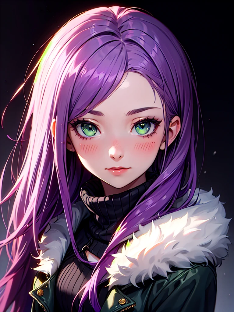 ((Portrait)), She has an Graceful, Purple-Haired Appearance, with Childlike Charm, Pale Skin, and a Very Small Build. She Expresses a Warm and Blushing Look, Giving Off an Introverted Attitude. She has Light Green Eyes, and Her Hair is Long and Tousled, Dark Purple, with Strands Falling Over Her Forehead. She Wears a Winter Coat. ((Portrait, HDR, Dark Background))
