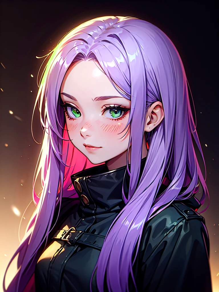 ((Portrait)), She has an Graceful, Purple-Haired Appearance, with Childlike Charm, Pale Skin, and a Very Small Build. She Expresses a Warm and Blushing Look, Giving Off an Introverted Attitude. She has Light Green Eyes, and Her Hair is Long and Tousled, Dark Purple, with Strands Falling Over Her Forehead. She Wears a Winter Coat. ((Portrait, HDR, Dark Background))