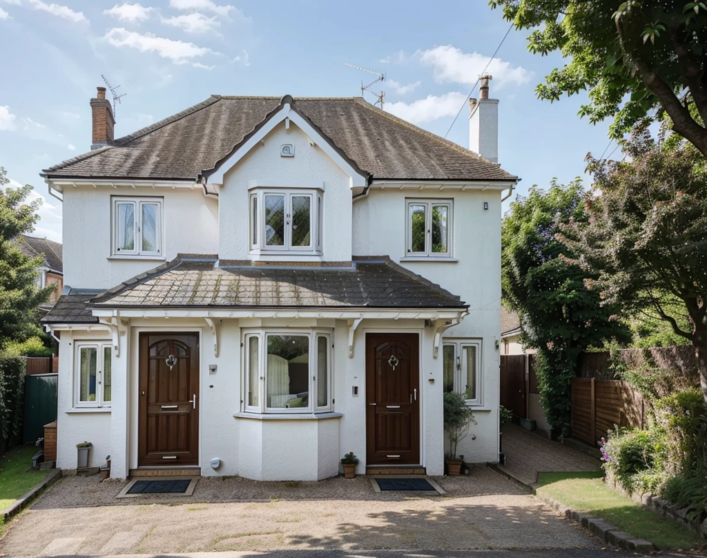 a beautiful three bedroom house in small English town, with beautiful nature. House has a garage at the corner, Big window on the first floor, stairs leading to the main door and portico. Medium size house. Single storey house.