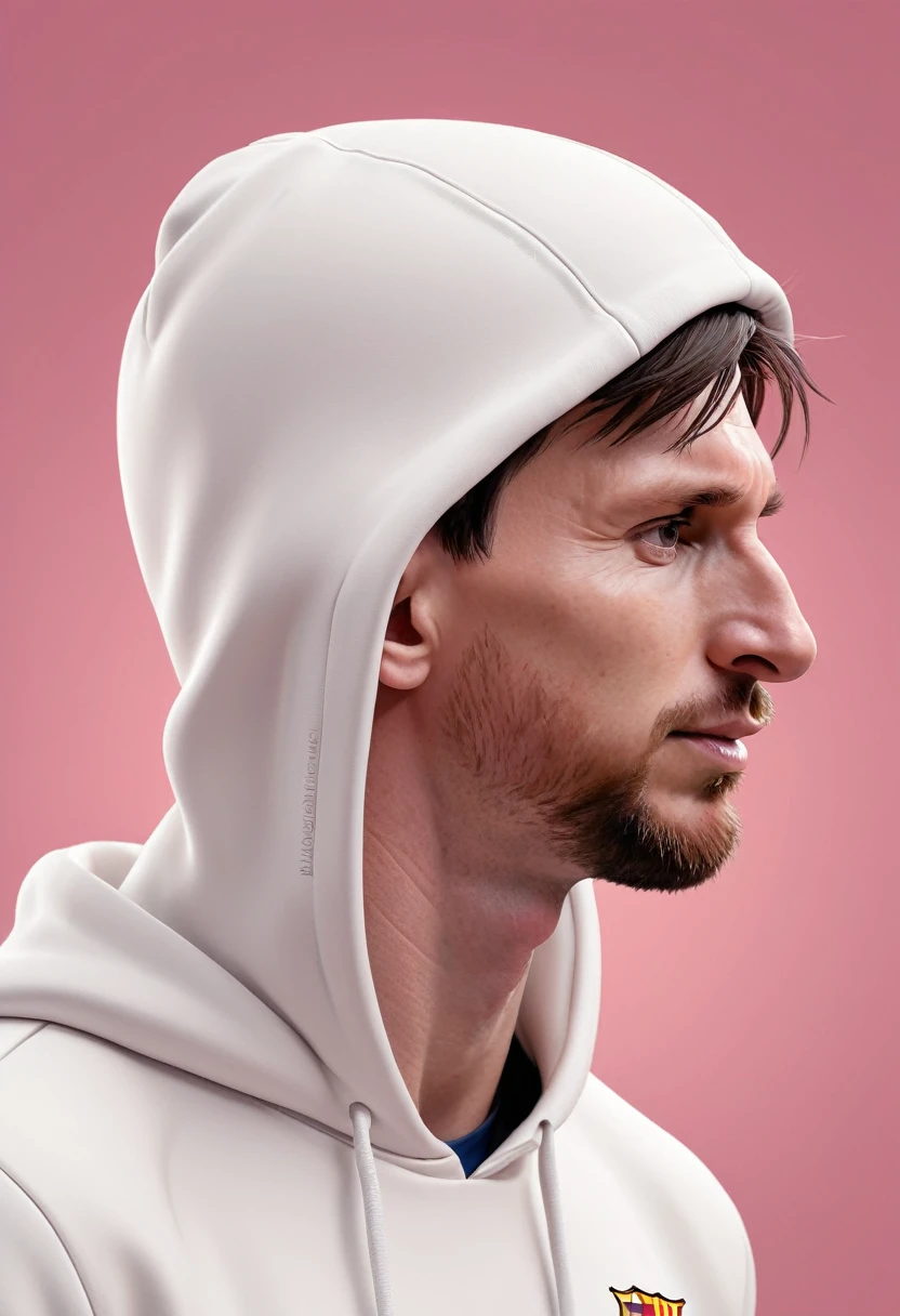 Lionel Messi, wearing white hoodie. inspired by Eva Gonzalez, best quality, masterpiece, Ultra high detail, 8k. Pink background. ((Caricature)), Big Head. Side view