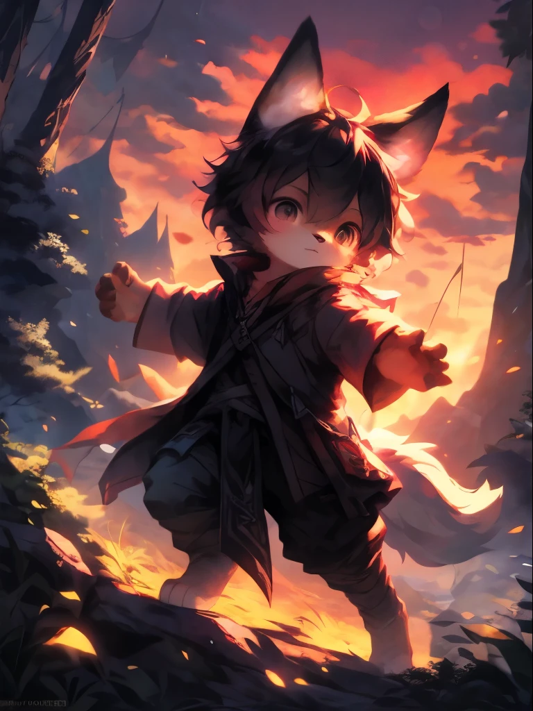 Generate a high-resolution desktop wallpaper with a fantasy forest scene at sunset, featuring a cute kemono character with animal ears and vibrant colors. Include detailed backgrounds with realistic lighting and a dynamic pose for the character