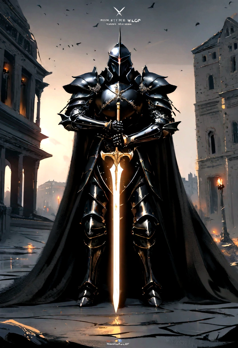 anime character with sword standing in front of a building, fallen knight, from arknights, gothic knight, evil knight, the style of wlop, fantasy knight, knight, royal emperor, dark souls knight, off-white plated armor, wearing heavy armor with cape, black heavy armor with gold trim, smooth anime cg art, artorias, glowing sword
