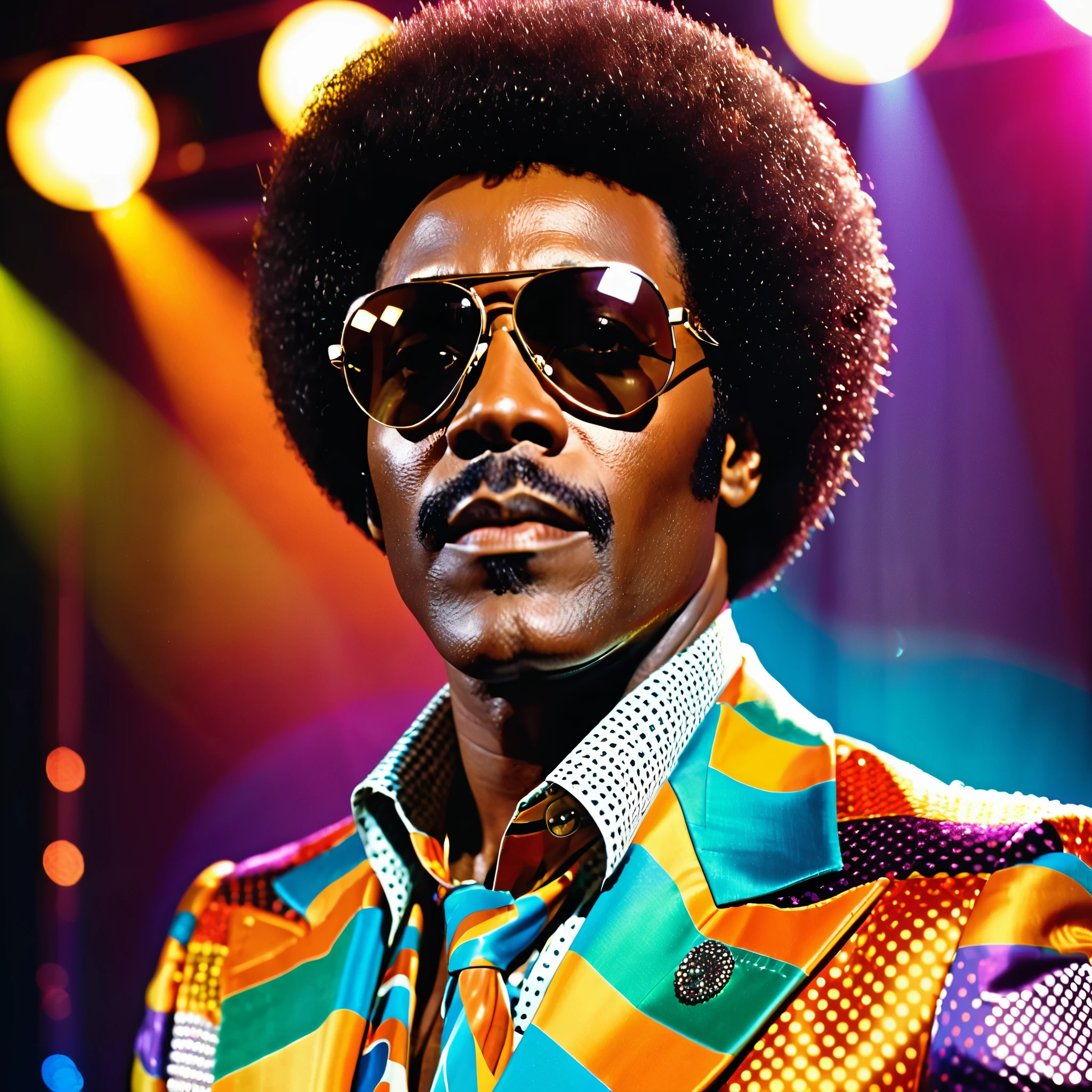 A closeup photo of Luther Diamond, a fictional 1970s R&B superstar. Luther has a stylish afro hairstyle, large aviator sunglasses, and a confident expression. He is dressed in a flashy, colorful suit with wide lapels and a bold pattern, embodying the vibrant fashion of the 1970s. The background features a stage with vibrant lighting, capturing the energetic atmosphere of a live performance. This image showcases Luther as a charismatic and legendary performer from the era.