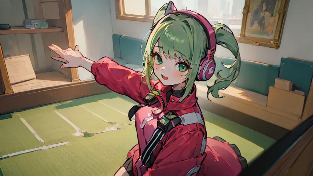 ((Highest quality, 8K, masterpiece: 1.3)), ((One girl:1.5)),Green Hair,Game Commentary,Headphones,A big smile,cute,In my room